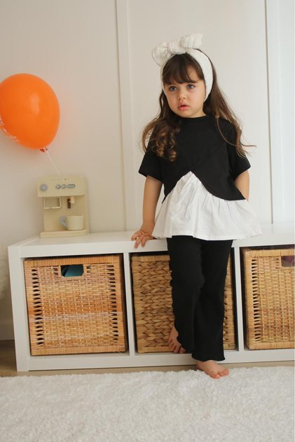 GIRL'S SHORT SLEEVE SHIRT DETAILED COTTON TIGHTS SET
