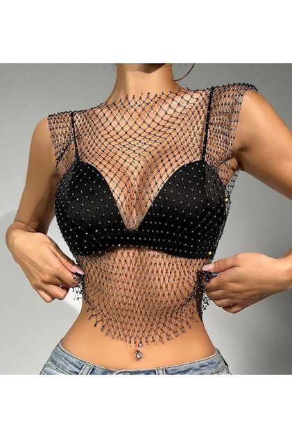 Crystal Stone Mesh Sleeveless Crop