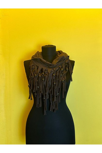 Wooden Beaded Combed Cotton Scarf Neck Collar Clothing Accessory Brown