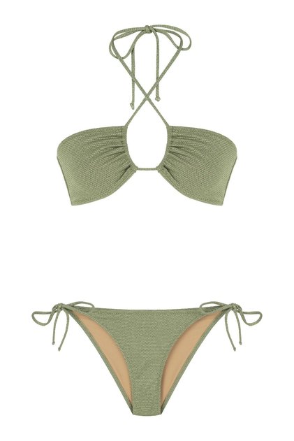 Halter Yaka Gold Simli Dokulu Haki Bikini Takım