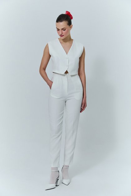 Collet Detailed High Waist Trousers Ecru