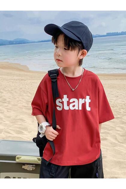 Boy-Girl's Red Start Printed Combed Cotton T-Shirt