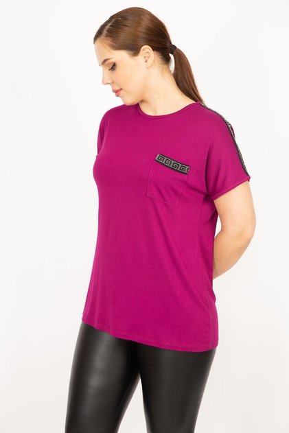 Women's Fuchsia Large Size Shoulder and Pocket Stone Detailed Short Sleeve Blouse 65n35930