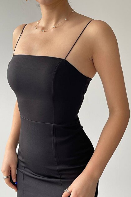 bayansepeti Atlas Fabric Thin Strap 115 Cm Midi Size Slit Pencil Cut Baby  Black Strapless Dress 160- Trendyol