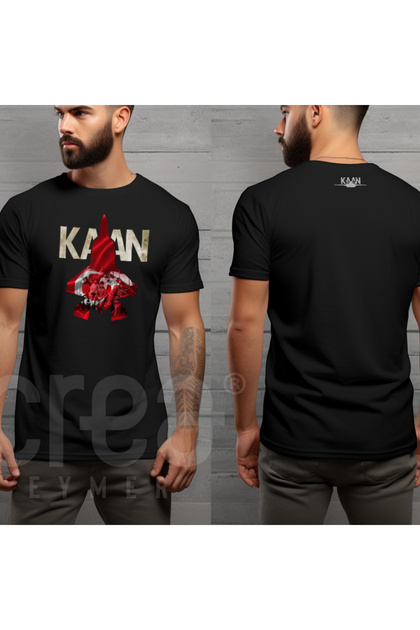 Kaan Airplane Moon Star Design Pattern Printed Crew Neck 100% Cotton T-Shirt Black