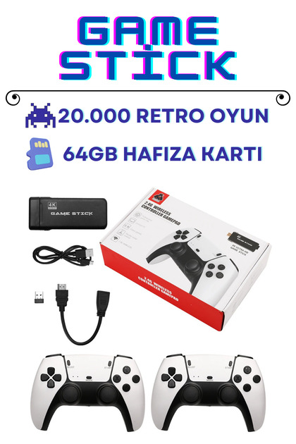 4k Kablosuz Çift Kol Retro Oyunlar Game Stick 64gb Hafıza 20000 Oyun Atari