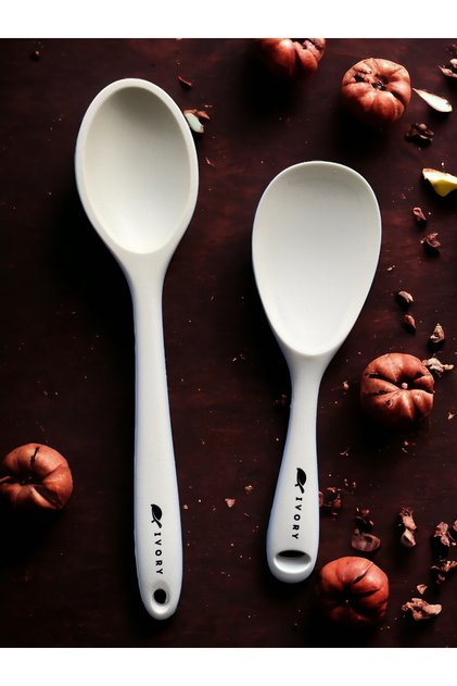 Ivory Hard Tip Heat Resistant Fireproof Non-Stick Silicone Long Spoon 28 cm + Short Spoon 22 cm / 2 Pieces