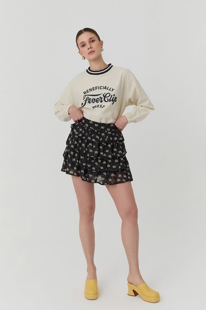 Layered Detailed Patterned Mini Skirt Black