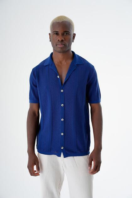 Men's Pattern Short Sleeve Regular Fit Knitwear Shirt Navy 24s267