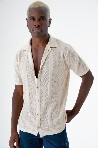 Men's Print Short Sleeve Regular Fit Knitwear Shirt Beige 24s267