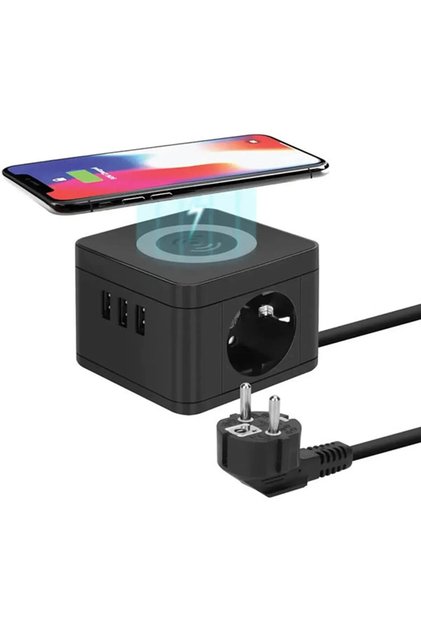 Yeni Akım Korumalı 2.4a Priz Kablosuz Şarj Istasyonu 2x Soketli 3x Usb Wireless Kablolu Priz