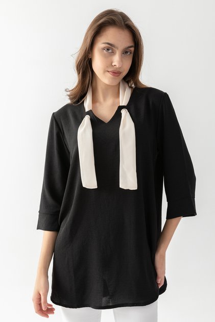 Women's Black Collar, Bird Eye Detailed Side Slit and Flare Aerobin Loose Cut Tunic
