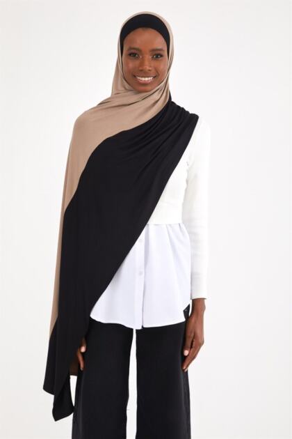 Two-Color Combed Cotton Shawl Black Mink