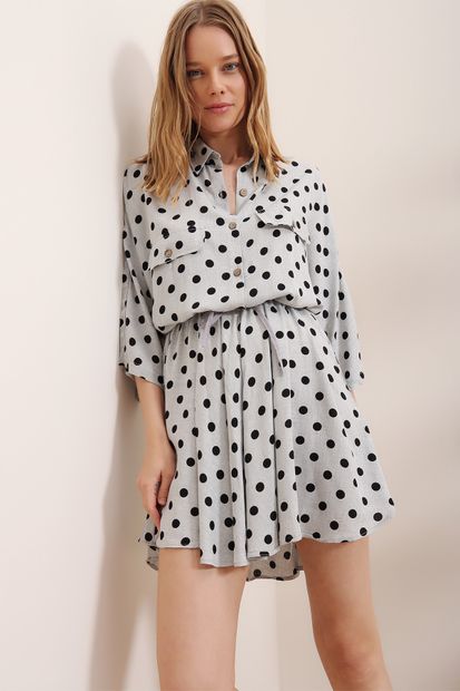 Trend Alaçatı Stili Kadın Gri-Desenli Safari Dokuma Gömlek Elbise ALC-X6196 - 5