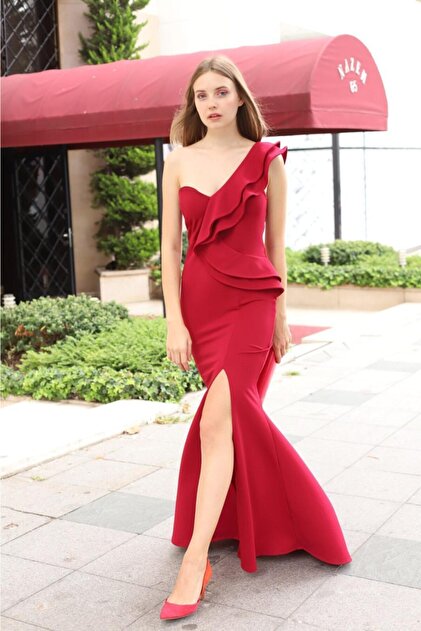 Secret Passion Lingerie Flexible Crepe Fabric One Shoulder Detailed Burgundy  Long Evening Dress Maxi Prom Dress 024- Trendyol