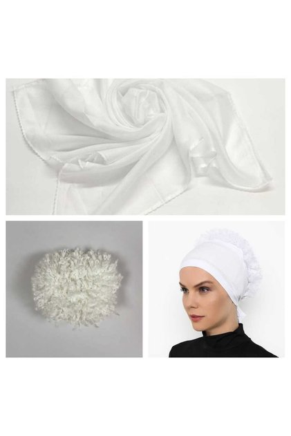 3-Piece White Bonnet Set (Firfir Bone, Inner Head Cover, Knob Clasp) F3White