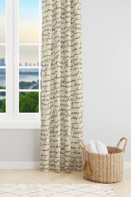 Cream Handwritten Patterned Suede Living Room Hall Background Curtain Extrafor Drawstring SINGLE WING PRD-1096