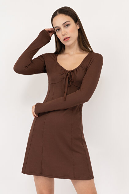 Soyo Women's Dark Brown Gathered Knitted Mini Dress with Corset Design-  Trendyol
