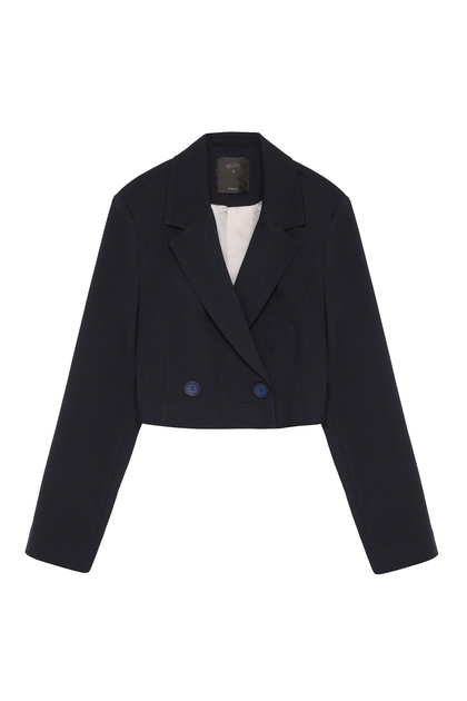Wadded Detailed Crop Blazer Jacket Navy Blue