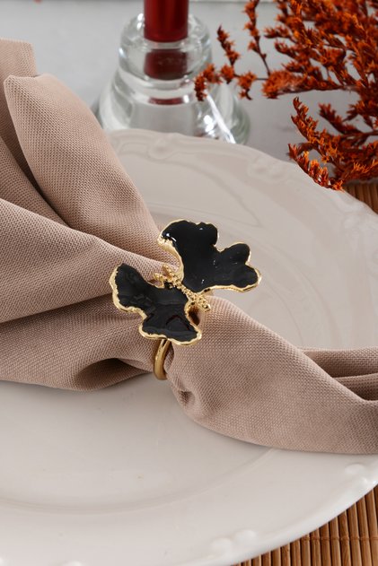 Kelebek 6-Piece Gold Luxury Napkin Ring, Black Enamel Napkin Ring