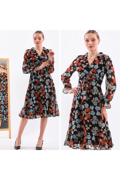 Collared Midi Length Chiffon Dress