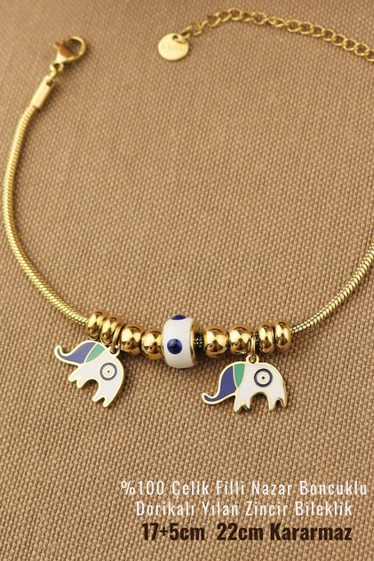 Steel Bracelet - 100% 316L Elephant Steel Evil Eye Beaded Doric Snake Chain Non-Tarnish Colorfast 17+5 cm