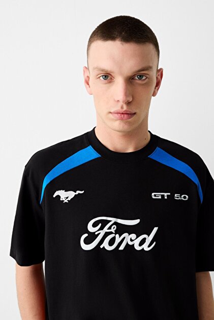Bershka Short-Sleeved Ford Printed Square-Cut T-Shirt- Trendyol