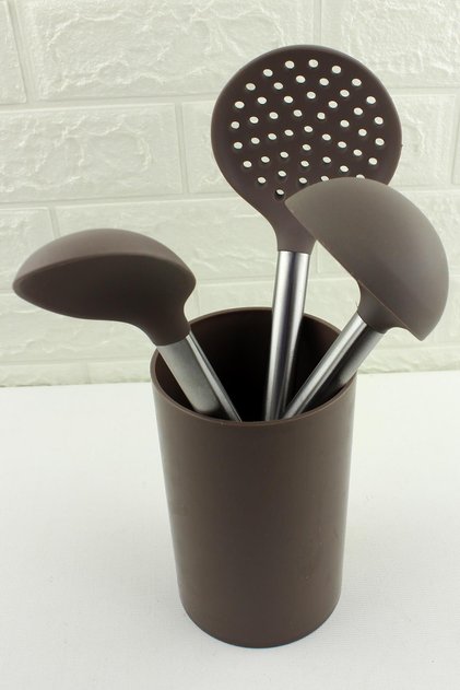 Silicone 4 Piece Ladle Colander Set Smoked Steel Handle