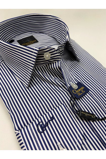 SlimFit Navy Blue Thick Striped Long Collar Shirt