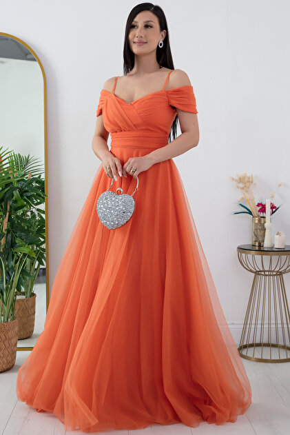 PULLIMM Askılı Madonna Yaka Uzun Tül Elbise 13413 - Fiyatı, Yorumları