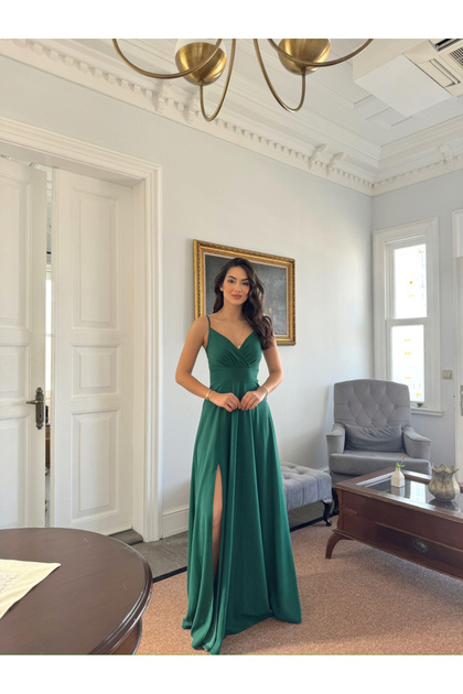 double slit green dress Gorgeous Spaghetti-Straps Dark Green Prom Dress Long With Slit main image 0
