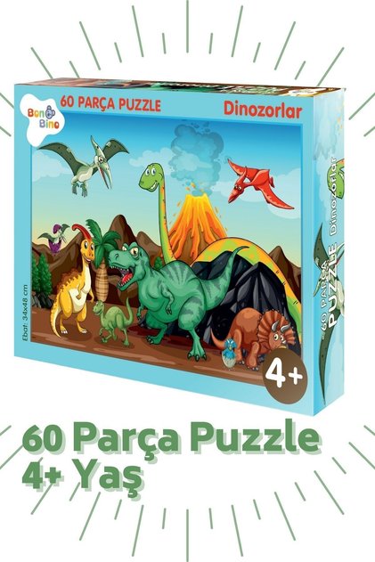 Bonkido Puzzle Dinozorlar - 60 Parça 4+ Yaş Eğitici Yapboz 34x48