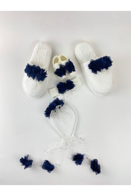 Navy Blue Pearl Stoned Floral Maternity Crown, Slippers, Bandana, Baby Booties Set