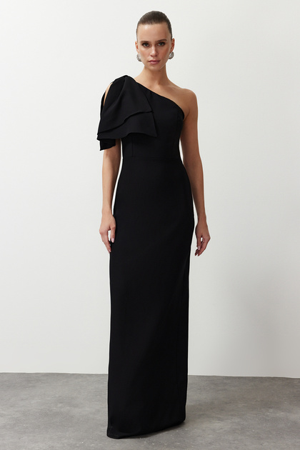 Rochie de seară neagră, țesută, în linie A și rochie de absolvire TPRSS23AE00095