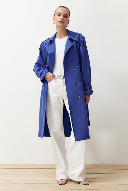 Cobalt Blue Oversize Belted Windbreaker Detail Water Repellent Long Trench Coat Twoss21Tr0005