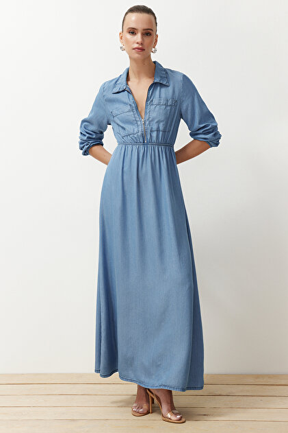 Trendyol Collection Dark Blue Midi Denim Dress - Modest TWOSS24EL00834-  Trendyol
