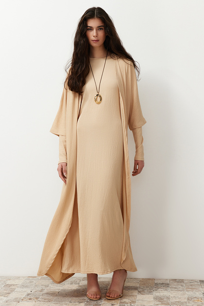 Trendyol Modest Beige Textured/Twisted Kimono-Dress Knitted Suit Tctss24Eb00203- Trendyol Trendyol Modest Beige Textured/Twisted Kimono-Dress Knitted Suit Tctss24Eb00203- Trendyol