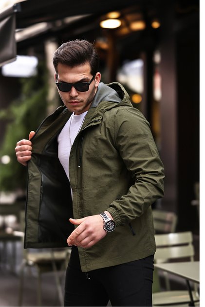 Khaki Men's Crinkle/crinkle Waterproof Inner Pocket Hood Summer Spring Seasonal Jacket Windbreaker