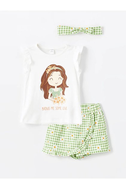 LCW baby Crew Neck Short Sleeve Printed Baby Girl T-shirt and Shorts Skirt 2 Pieces Set Mrglobal