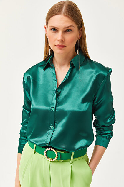 Olalook Women's Emerald Green Shiny Satin Surface Woven Shirt GML-19001195-  Trendyol