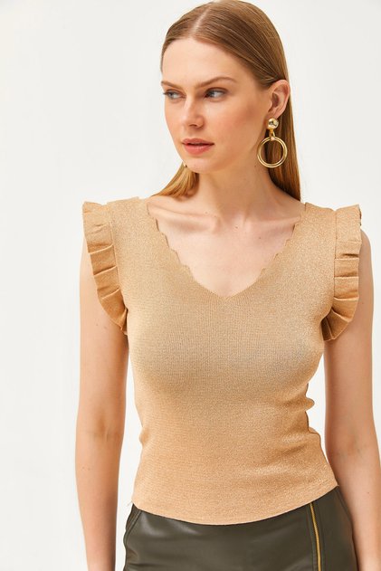 Women's Camel Ladder Collar Sleeve Frilly Glitter Knitwear Blouse BLZ-19002605