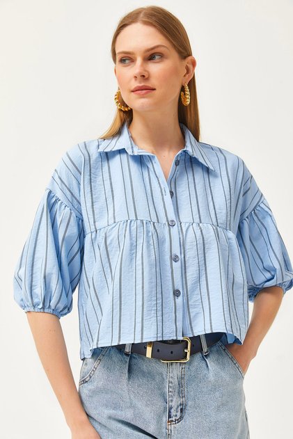 Women's Blue Striped Six Piece Crop Shirt GML-19001198