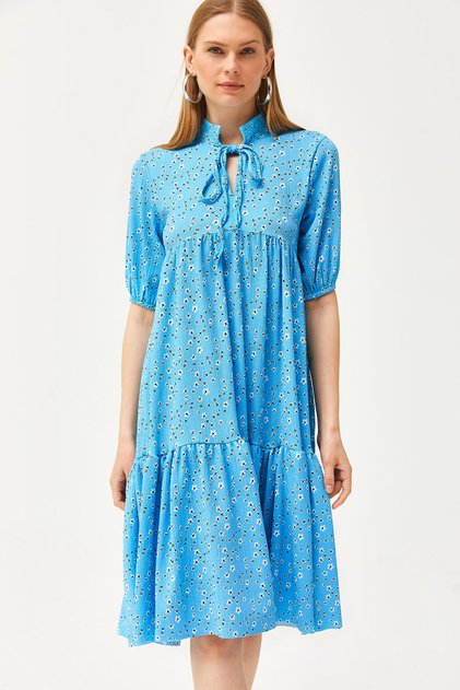 Rochie de damă albastră cu guler cu șireturi ELB-19002134