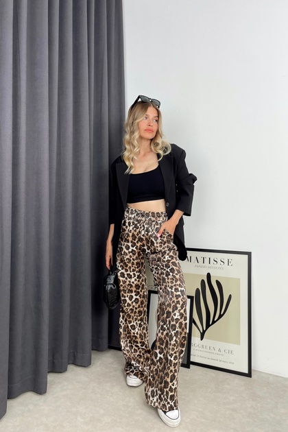 Black Brown Leopard Patterned Elastic Waist Trousers