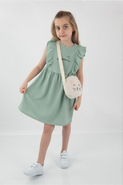 ZERO SLEEVE FIFFIRED SLEEVE DETAIL GIRL'S CUTE CAT PRINT DRESS WITH BAG