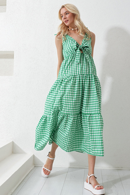 Trend Alaat Stili Women's Green Strappy Layered Flounced Front Lace Up  Maxi Length Poplin Woven Dress ALC-X11939- Trendyol