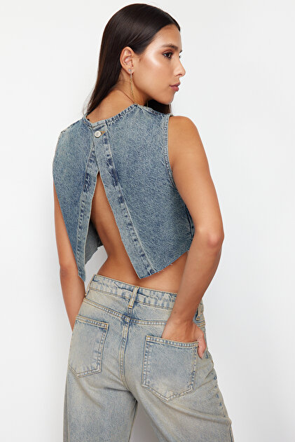 Trendyolmilla Mavi Sırt Dekolteli Denim Büstiyer TWOSS24BS00016