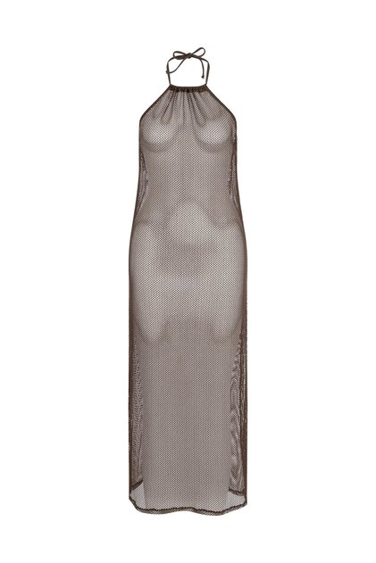 Mesh Halter Dress with Piping Piped Detail in Brown