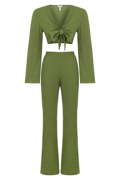 Crop-Top Trousers Textured Green Suit