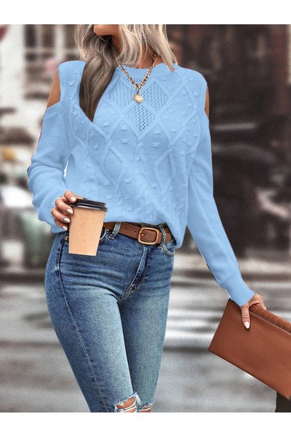 Women's Crew Neck Mesh Detailed Hair Braid Execution Patterned Shoulder Detailed Baby Blue Knitwear Sweater